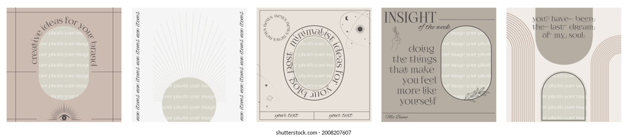 Modern Aesthetic square post design template with mystic and astrology elements. Design backgrounds for social media with a place for a photo. Photo frame. Editable vector illustration.