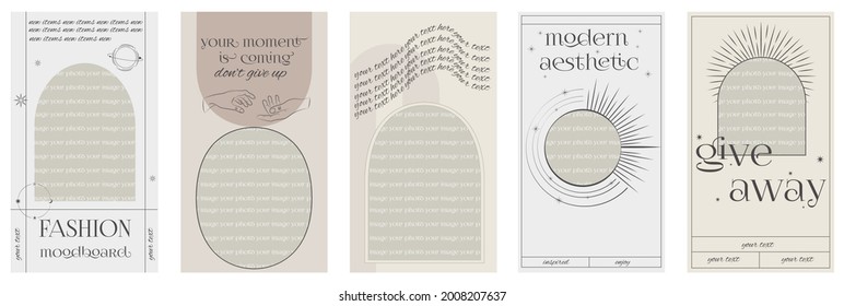 Modern Aesthetic stories design template with mystic and astrology elements. Design backgrounds for social media with a place for a photo and motivation quotes. Editable vector illustration. 