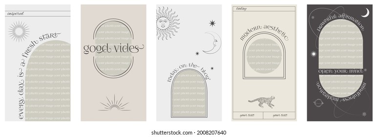 Modern Aesthetic stories design template with mystic and astrology elements. Design backgrounds for social media with a place for a photo and motivation quotes. Editable vector illustration. 