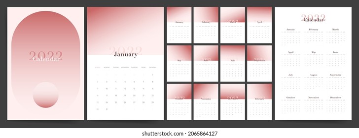 Modern aesthetics 2022 year wall calendar template concept and gradient design  Elegant vertical photo calendar layout for 2022 year in English  Calendar cover for 12 months  Week starts oт Sunday