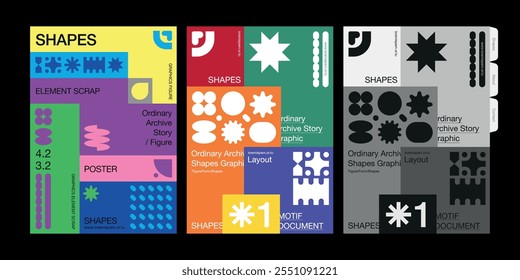 Modern aesthetics of brutalism design vector poster cover layout set abstract elements and geometric shapes useful poster art website album cover prints fine arts image mark symbol motif colorful back