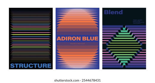 Modern aesthetics of graphic design poster collection layout. bold typography and abstract geometric shapes lines. 3d shape motion blend bigger and bigger structures. cover front y2k colorful gradient