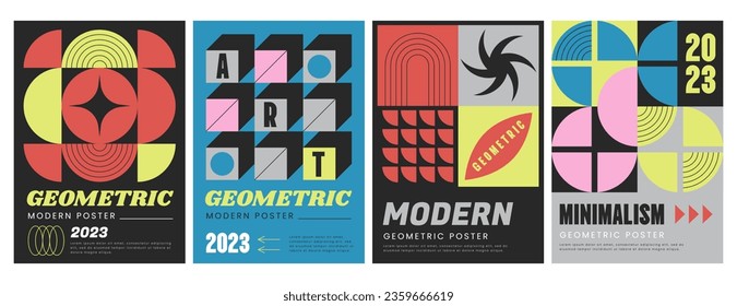 Modern aesthetics posters with abstract geometric shapes. Brutalist art style vector flyers collection with colorful graphic elements, basic figures and headers. Covers collection with trendy prints.