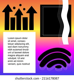 Modern aesthetics vector poster design card.Brutalism gradient graphic in web template layout made with abstract geometric shapes, poster art, website header, digital print. hand drawn arrow