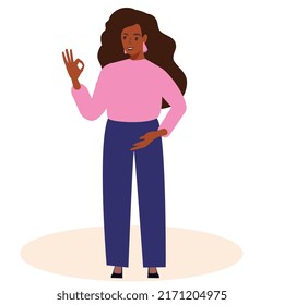 Modern African American Black business woman shows ok sign completing the project. Successful African female entrepreneur satisfied with the result of her work. Vector illustration
