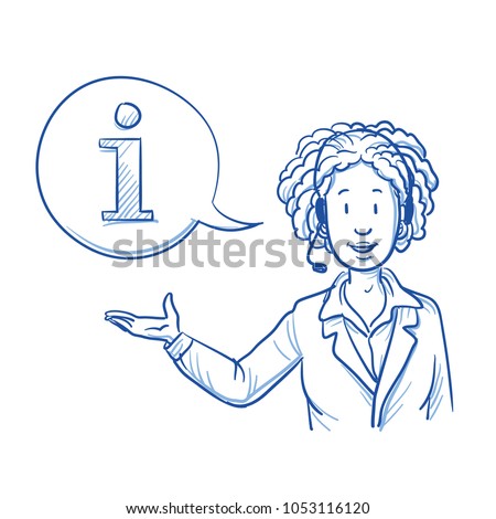 Modern african american business woman with a headset looking happy offering information, help or telephone support. Hand drawn line art cartoon vector illustration.