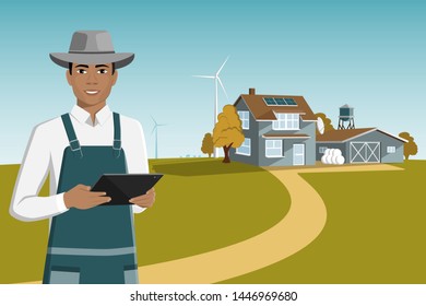 Modern  African American Farmer With A Tablet Computer On A Smart Farm. Vector Illustration