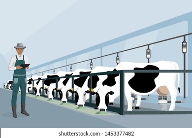 Modern african american farmer with tablet on a dairy farm. Automated milking and smart farming. Vector illustration EPS 10