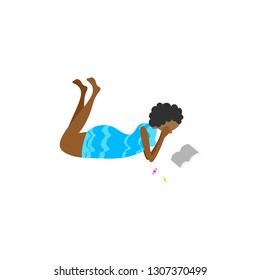 Modern african american woman vector illustration. Young girl reading a book, dreaming. Student flat character clipart. Dark skin female freelancer lying on floor. Studying, working at home concept