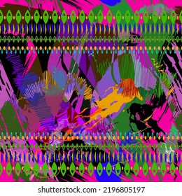 Modern african style bright border seamless pattern. Colorful brush strokes, hatches, lines, abstract shapes. Tribal ethnic borders vector background. Hand drawn trendy ornaments. African motifs.