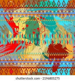Modern african style bright border seamless pattern. Colorful brush strokes, doodle lines, zigzag, abstract shapes. Tribal ethnic borders vector background. Hand drawn trendy ornaments. African motifs