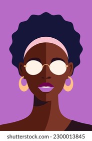 Modern African woman portrait pop art purple background poster t shirt print vector flat illustration. Fashion black female head with vintage hair and sunglasses vibrant color contemporary figure