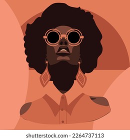 A modern African woman in retro pink glasses and jewelry. A curly-haired African-American woman looks at you with glasses on a pink background. Vector illustration of a beautiful strong woman. modest