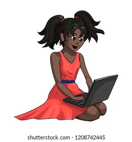 A modern African-American girl teenager in a scarlet dress works enthusiastically with her personal laptop. Communication on the Internet, online games or distance learning. Vector illustration in car