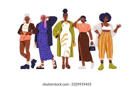 Modern African-American women group. Happy young black girls in fashion clothes, trendy outfits. Female characters standing together, portrait. Flat vector illustration isolated on white background