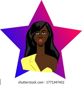 Modern afro woman in yellow jacket in a front of gradient star. Vector illustartion.