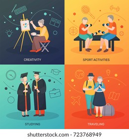 Concepto de diseño plano 2x2 para personas de edad moderna con cuatro doodles composiciones caracteres humanos y símbolos dibujados ilustración vectorial
