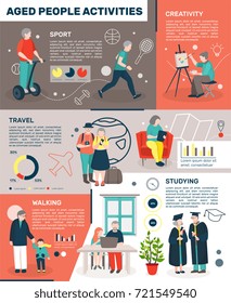 Infográficos planos de pessoas idosas modernas com imagens de estilo doodle de pessoas idosas estilo de vida criativo com texto editável ilustração vetorial