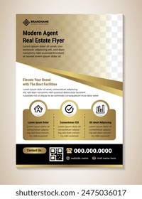 modern agent Real Estate dark flyer design template. vector illustration with space for photo. gold gradient combine with black colors on element. white background with vertical layout.