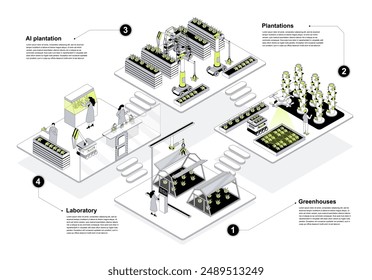 Modern agricultural 3d isometric concept in outline design for web. People working in isometry rooms at smart greenhouse and AI tech plantations, doing research in laboratory. Vector illustration.