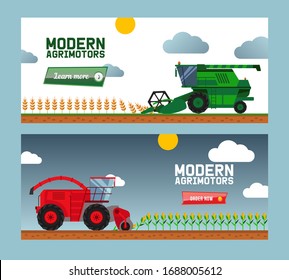 Modern agricultural machine harvest crop, combine, truck, flat vector illustration. Online business, order now, buy farmer machine. Web banner pre order new one tractor, landing page. Rural business.
