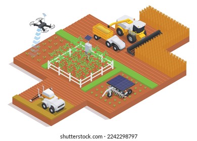 Modern agricultural machinery isometric composition with remote controlled automatic powered by solar panels machines working on field vector illustration