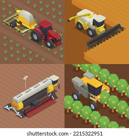 Modern agricultural machinery set of four square isometric compositions with outdoor views of working automated vehicles vector illustration