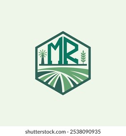 Moderno design de logotipo MR agrícola. Letra MR Farm Logo e Ícone de Campo para Marca Eco-Friendly. Emblema de MR para Agricultura Sustentável