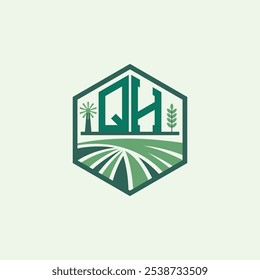 Modern Agricultural QH Logo Design. Letter QH Farm Logo and Field Icon for Eco-Friendly Branding. QH Sustainable Agriculture Emblem