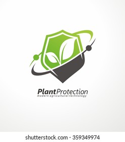 Modern agricultural technology logo design template. Shield shape with plant in negative space.