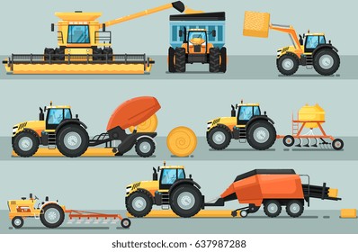 Modern agricultural vehicle isolated set. Agriculture tractor hay baler, combine harvester, seeding machine, plowing equipment vector illustration. Rural industrial farm machinery, comercial transport