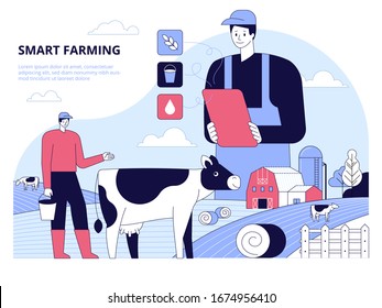 Modern agriculture concept. Smart farmer using tablet to monitor and control cow farm. Flat line design elements. Vector illustration