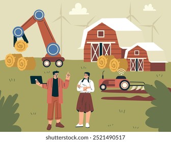 Moderno equipamento agrícola com homem e mulher colheita feno com braço robótico ilustração vetor
