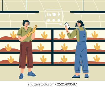 Modern Agriculture Equipment with Man and Woman Character Monitor Plant Vector Illustration