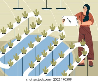 Modern Agriculture Equipment with Woman Character Monitor Plant Vector Illustration