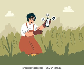 Modern Agriculture Equipment with Woman Character Plant Crop at Field Vector Illustration