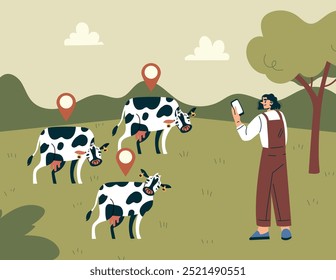 Modern Agriculture Equipment with Woman Character Monitor Cow Vector Illustration