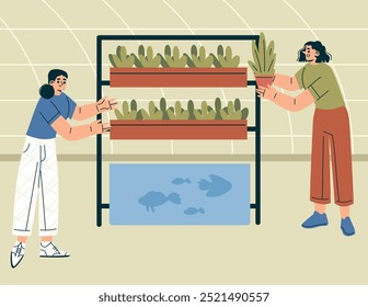 Modern Agriculture Equipment with Woman Character Grow Plant in Pot on Shelf with Fish Pond Vector Illustration