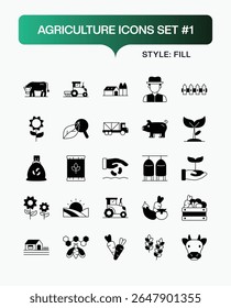 Modern Agriculture and Farming Fill Icons Set: Rural Life Vector Symbols