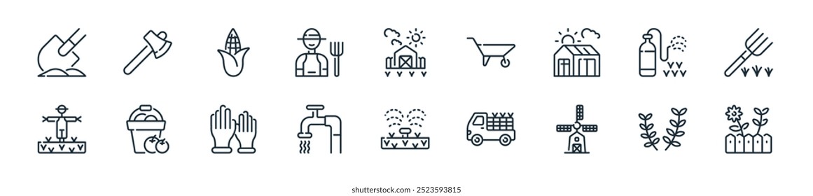 modern agriculture icon pack. perfect for linear ui designs featuring vector garden, wheat, windmill, truck, sprinkler, faucet, hand gloves and more icons for mobile and web apps.