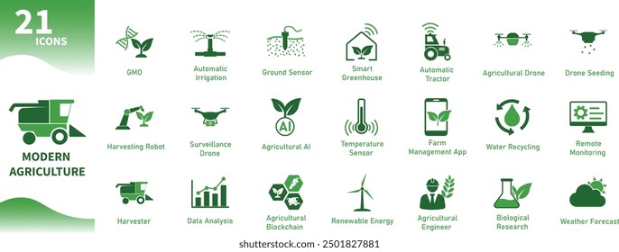 Modern agriculture icons. Set of icons for planting, harvesting, irrigation, agricultural drone, agricultural technology. Solid vector icons.