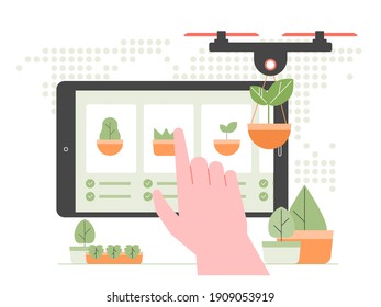 Modern agriculture. Robot drone is engaged in planting seeds, new trees. Forest restoration. Device screen with plant selection. Remote control of planting. Smart farm. Vector flat illustration.