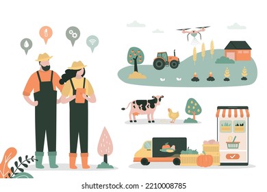 Modern agriculture technology for good crop. Smart farming concept. Couple of farmers controlling remotely all stages - from harvesting to selling fresh products at online store and delivery. vector