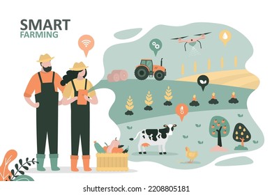 Modern agriculture technology for good harvest. Smart farming concept. Couple of farmers controlling remotely innovation farm. Countryside, farmland view. Artificial intelligence working on farm.