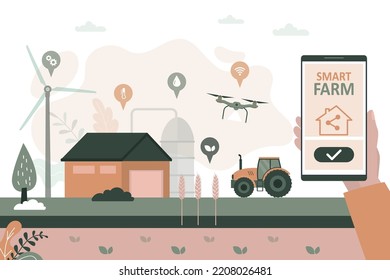 Modern agriculture technology. Smart farming concept. Wireless, remote control with mobile phone. Artificial intelligence working on farm. Innovation on farm. Countryside, farmland view. Flat vector