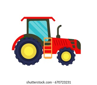 Modern agriculture tractor icon. Rural industrial farm equipment machinery, agricultural vehicle isolated vector illustration in flat design.