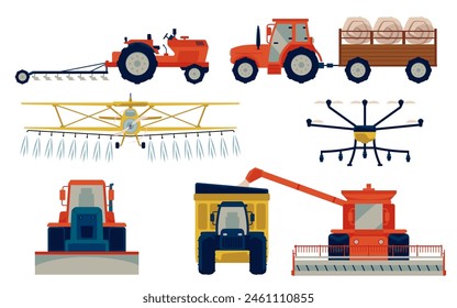 Modern agriculture: unmanned aerial vehicle, airplane, tractor with plow, combine harvester and bulldozer. A vector illustration representing modern agricultural machinery in action