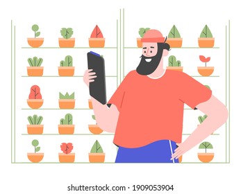 Modern agriculture. Vertical indoor farming. Plant growth, soilless farming techniques. Hydroponics and aeroponics. Male worker with a tablet. Vector flat illustration.