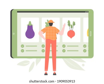 Modern agriculture. Vertical indoor farming. Plant growth, soilless farming techniques. Hydroponics and aeroponics. Farmer character are standing next to a giant tablet. Vector flat illustration.