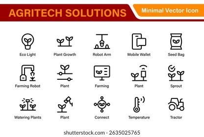 Modern Agritech and Smart Farming Icons – Clean Outline, Line Art, Vector Illustrations for Farm Technology, Automation, and Sustainable Agriculture Projects